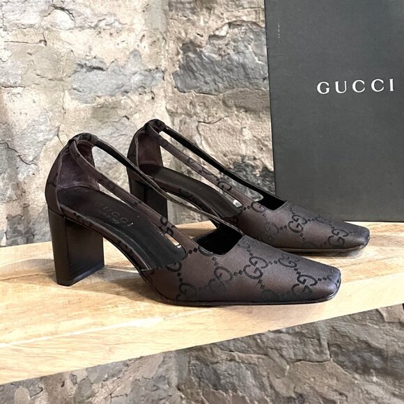 Gucci Shoes - Gucci Vintage Dark Brown Canvas GG Square Toe Pumps